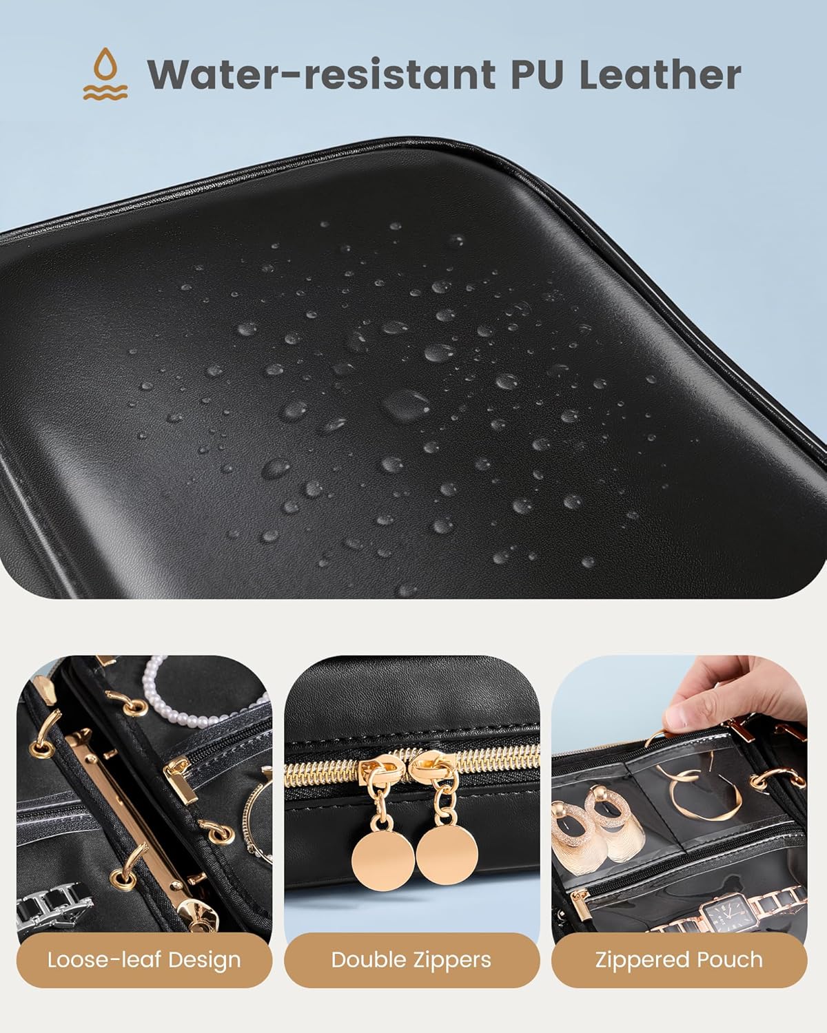 Travel Jewelry Notebook Organizer Case, Large Jewelry Binder Book with Individual Pouches, Portable Leather Zippered Bag for Jewelry Storage of Earring, Ring & Necklace, Gift for Women -Black