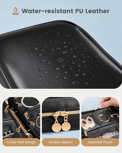Travel Jewelry Notebook Organizer Case, Large Jewelry Binder Book with Individual Pouches, Portable Leather Zippered Bag for Jewelry Storage of Earring, Ring & Necklace, Gift for Women -Black