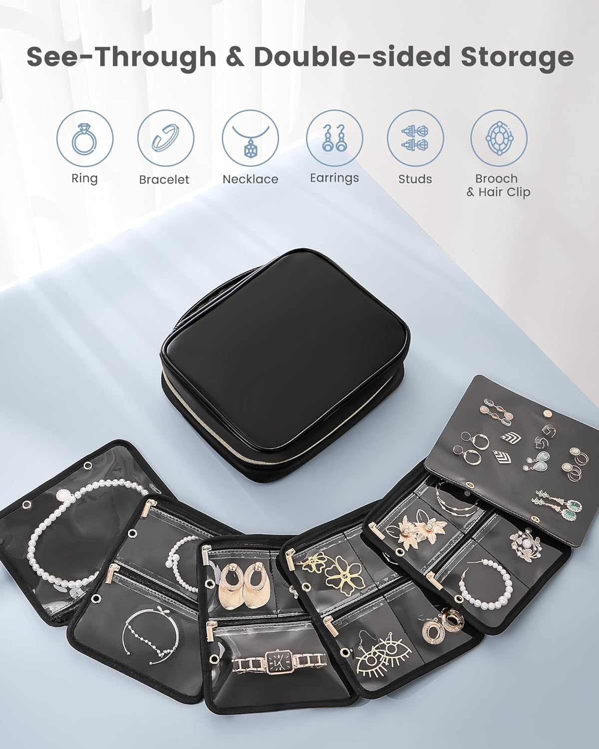 Travel Jewelry Notebook Organizer Case, Large Jewelry Binder Book with Individual Pouches, Portable Leather Zippered Bag for Jewelry Storage of Earring, Ring & Necklace, Gift for Women -Black