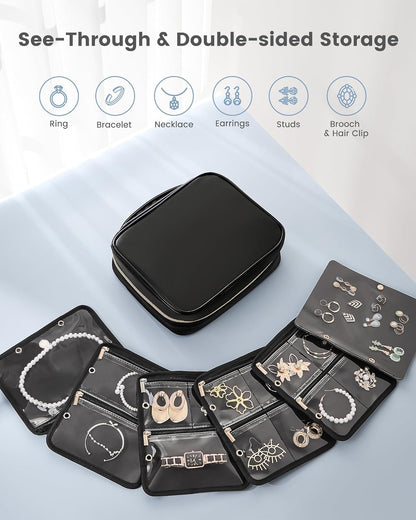 Travel Jewelry Notebook Organizer Case, Large Jewelry Binder Book with Individual Pouches, Portable Leather Zippered Bag for Jewelry Storage of Earring, Ring & Necklace, Gift for Women -Black