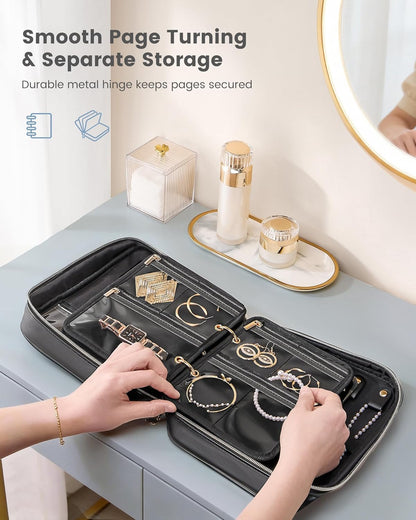 Travel Jewelry Notebook Organizer Case, Large Jewelry Binder Book with Individual Pouches, Portable Leather Zippered Bag for Jewelry Storage of Earring, Ring & Necklace, Gift for Women -Black