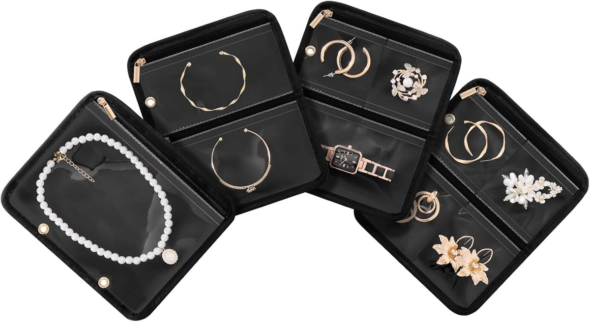 Travel Jewelry Notebook Organizer Case, Large Jewelry Binder Book with Individual Pouches, Portable Leather Zippered Bag for Jewelry Storage of Earring, Ring & Necklace, Gift for Women -Black