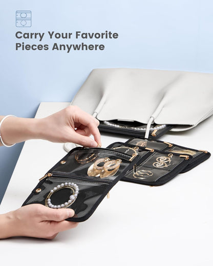 Travel Jewelry Notebook Organizer Case, Large Jewelry Binder Book with Individual Pouches, Portable Leather Zippered Bag for Jewelry Storage of Earring, Ring & Necklace, Gift for Women -Black