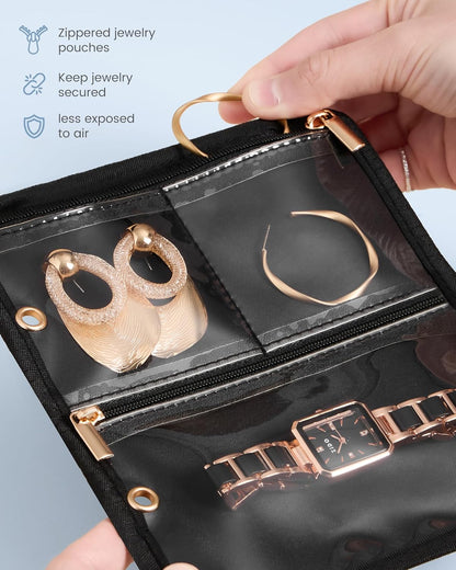 Travel Jewelry Notebook Organizer Case, Large Jewelry Binder Book with Individual Pouches, Portable Leather Zippered Bag for Jewelry Storage of Earring, Ring & Necklace, Gift for Women -Black