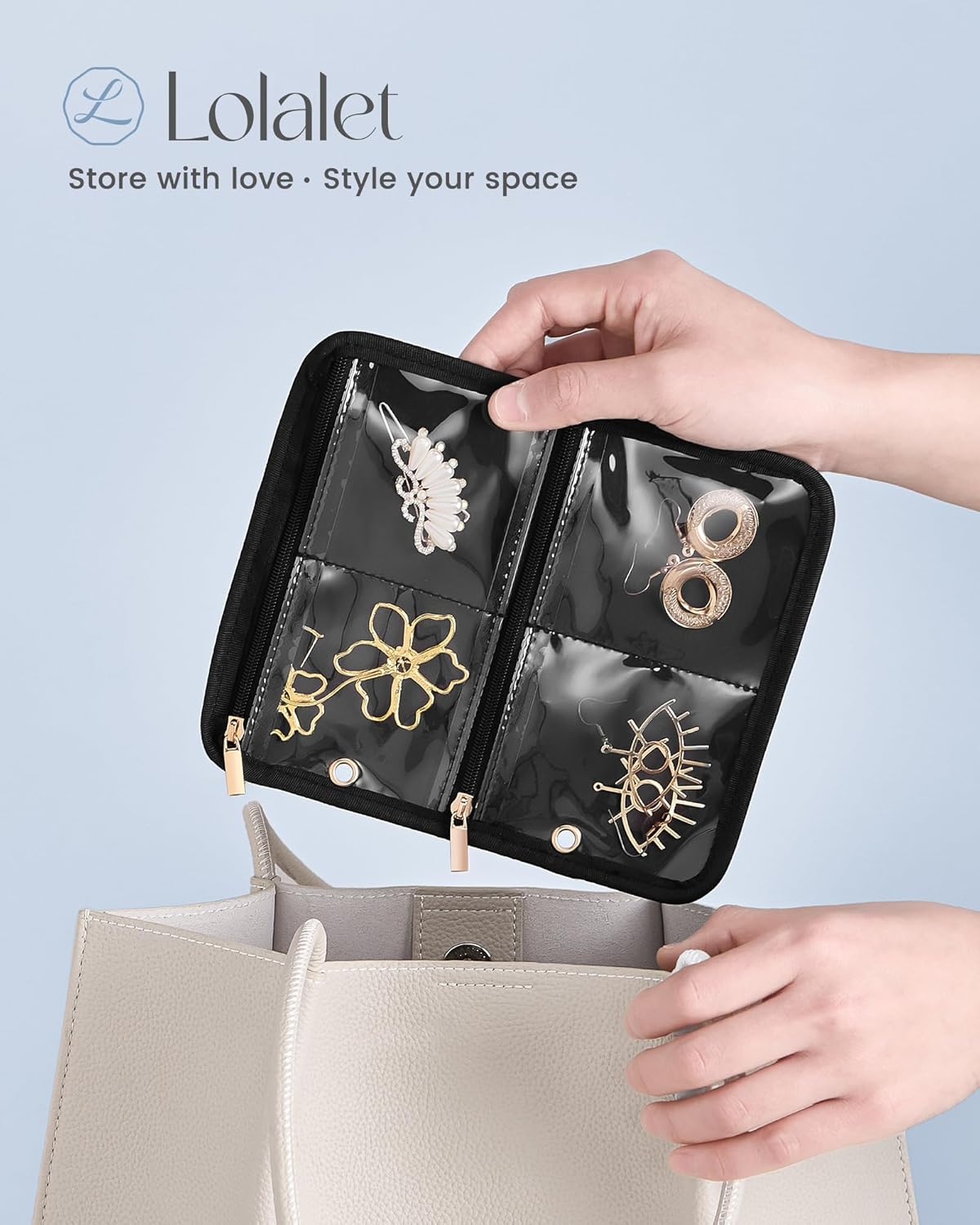 Travel Jewelry Notebook Organizer Case, Large Jewelry Binder Book with Individual Pouches, Portable Leather Zippered Bag for Jewelry Storage of Earring, Ring & Necklace, Gift for Women -Black