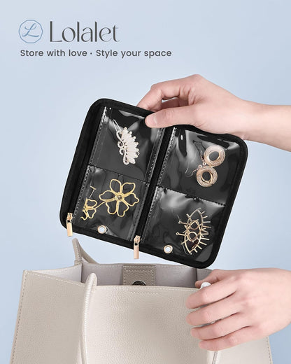 Travel Jewelry Notebook Organizer Case, Large Jewelry Binder Book with Individual Pouches, Portable Leather Zippered Bag for Jewelry Storage of Earring, Ring & Necklace, Gift for Women -Black