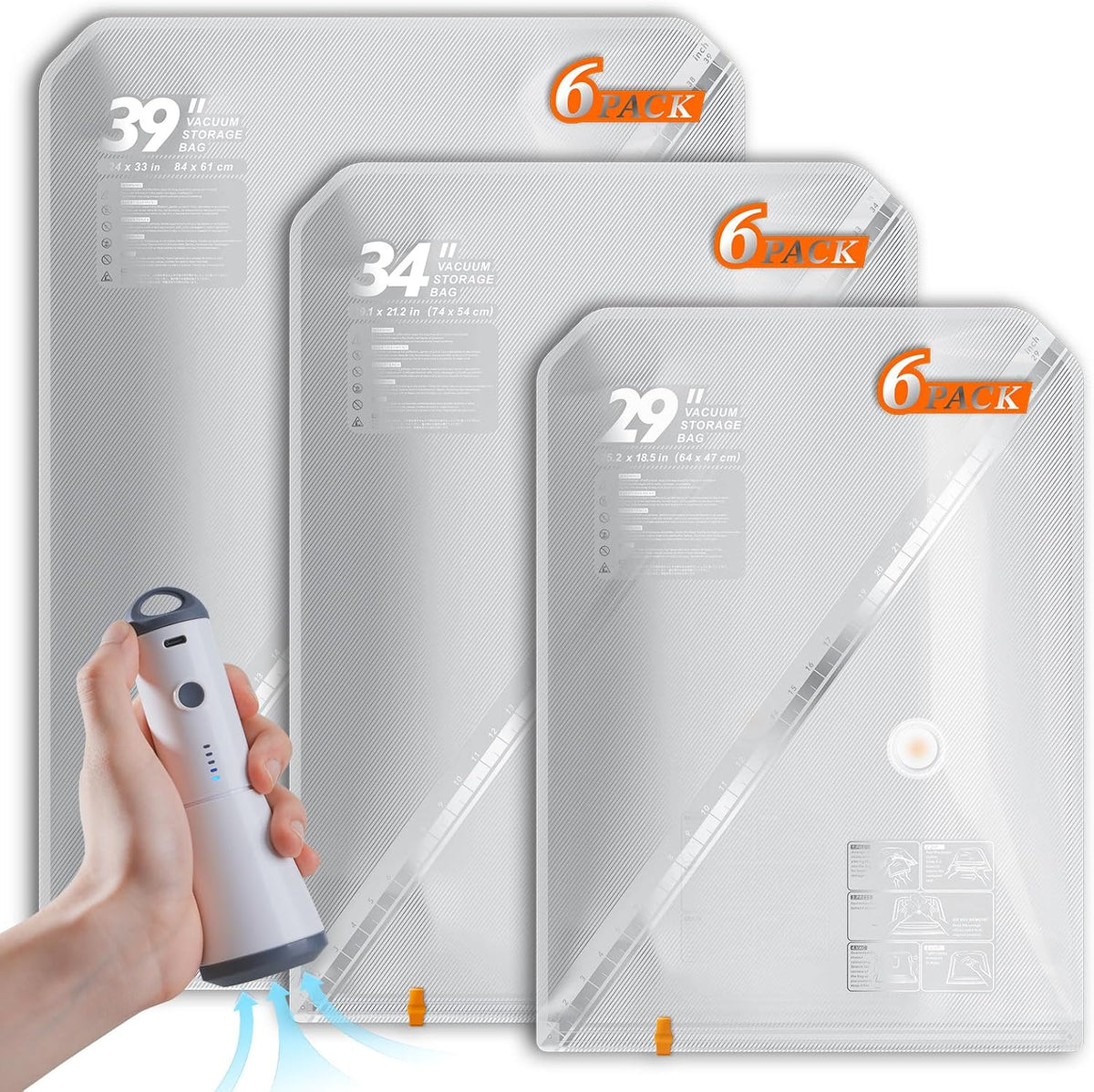 Vacuum Seal Bags for Clothing with Rechargeable Cordless Pump, 12 Pack Compression Packing Bags, Space Saver Storage for Seasonal Clothes Bedding Blanket Pillows Comforters Luggage Travel