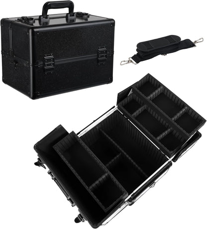 Large Makeup Train Case Cosmetic Organizer Case Makeup Box Portable Make Up Artist Travel Case with 4 Trays with Dividers Lockable Hard Train Case Nail Tech Supply Storage - Starry Black