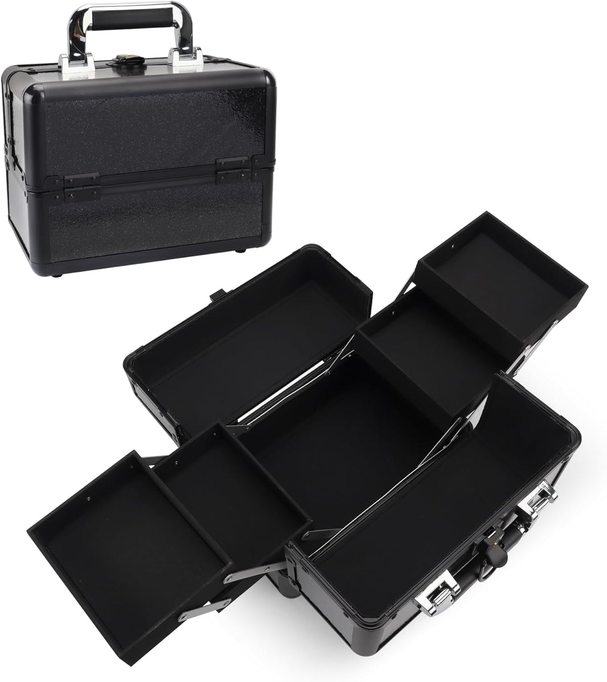 Large Makeup Train Case Cosmetic Organizer Case Makeup Box Portable Make Up Artist Travel Case with 4 Trays with Dividers Lockable Hard Train Case Nail Tech Supply Storage - Starry Black