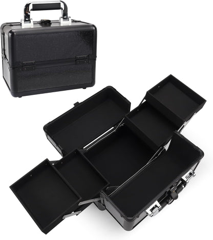 Large Makeup Train Case Cosmetic Organizer Case Makeup Box Portable Make Up Artist Travel Case with 4 Trays with Dividers Lockable Hard Train Case Nail Tech Supply Storage - Starry Black