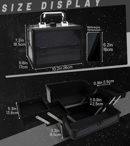 Large Makeup Train Case Cosmetic Organizer Case Makeup Box Portable Make Up Artist Travel Case with 4 Trays with Dividers Lockable Hard Train Case Nail Tech Supply Storage - Starry Black