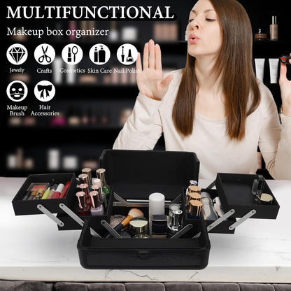 Large Makeup Train Case Cosmetic Organizer Case Makeup Box Portable Make Up Artist Travel Case with 4 Trays with Dividers Lockable Hard Train Case Nail Tech Supply Storage - Starry Black