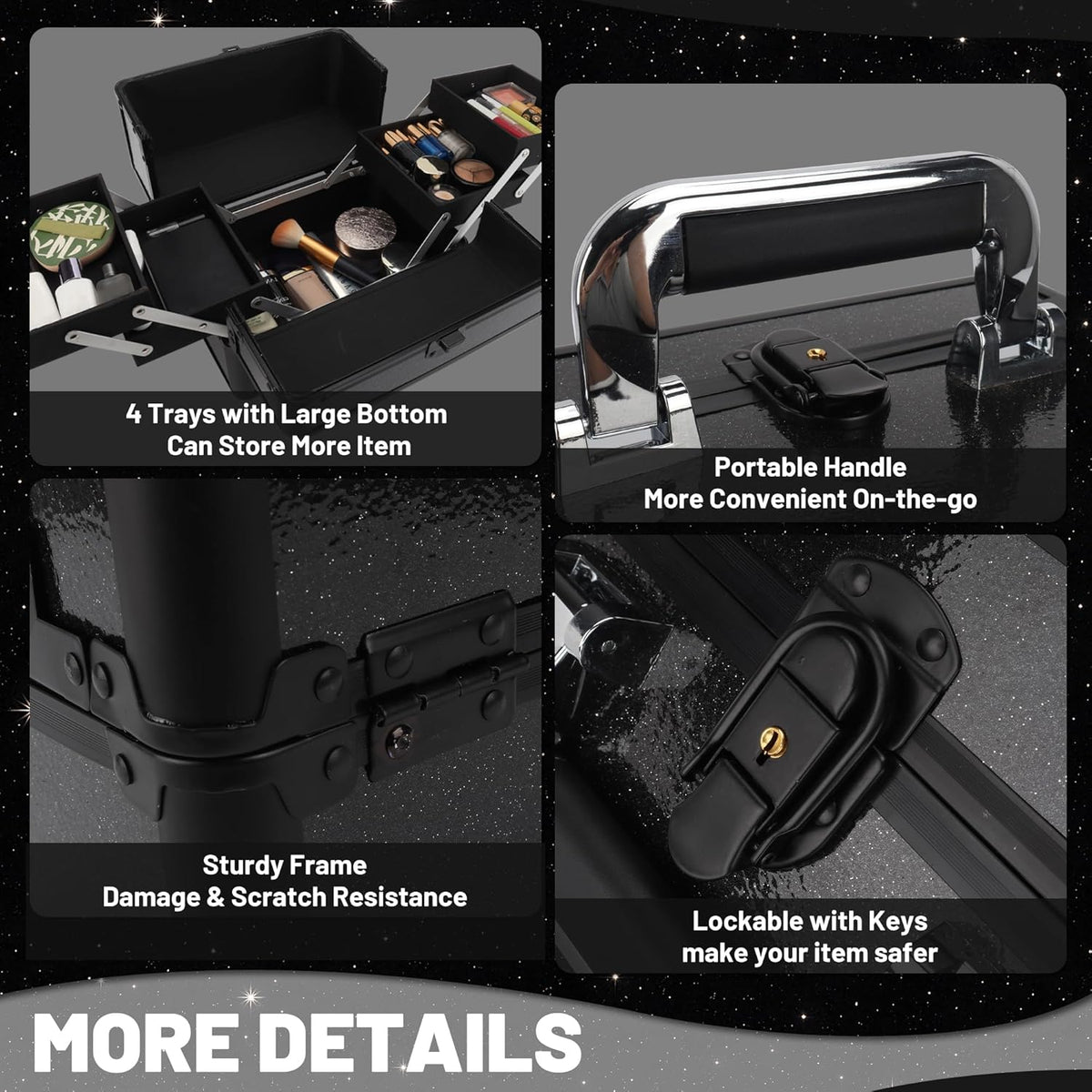 Large Makeup Train Case Cosmetic Organizer Case Makeup Box Portable Make Up Artist Travel Case with 4 Trays with Dividers Lockable Hard Train Case Nail Tech Supply Storage - Starry Black