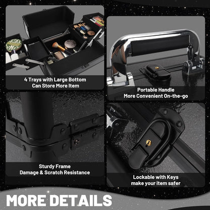 Large Makeup Train Case Cosmetic Organizer Case Makeup Box Portable Make Up Artist Travel Case with 4 Trays with Dividers Lockable Hard Train Case Nail Tech Supply Storage - Starry Black