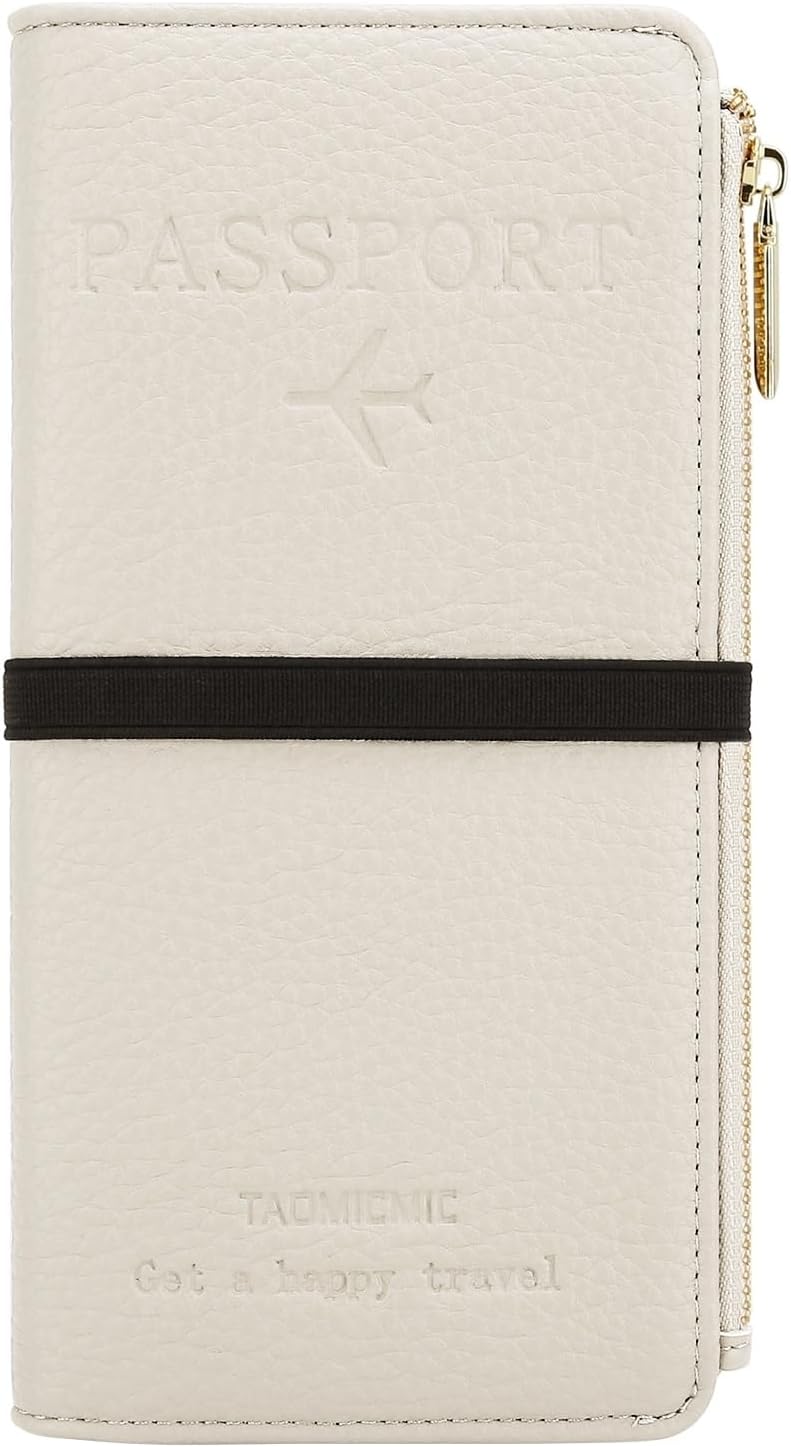 Passport Holder for Travel Women RFID Blocking Leather Passport Wallet Travel Document Organizer Pouch Bag, Slim Passport Cover Case with Zipper Cash Pocket Purse+Card Slots+ID Window, White
