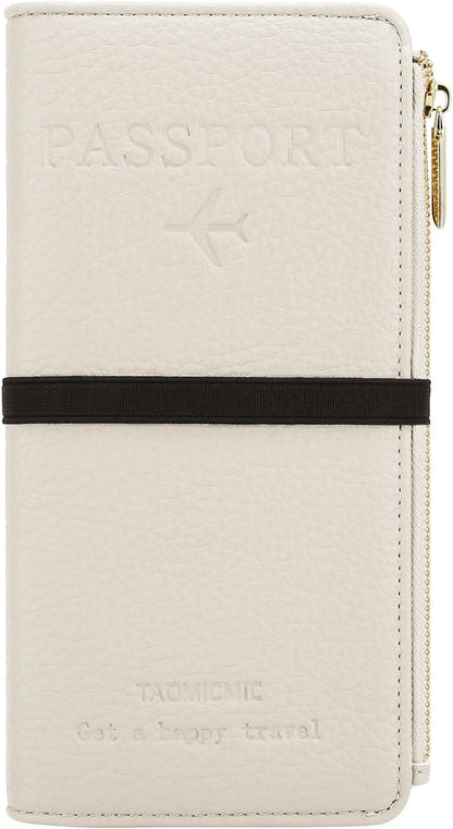 Passport Holder for Travel Women RFID Blocking Leather Passport Wallet Travel Document Organizer Pouch Bag, Slim Passport Cover Case with Zipper Cash Pocket Purse+Card Slots+ID Window, White