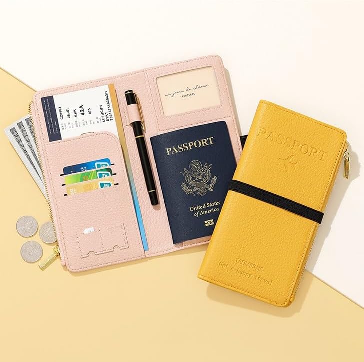 Passport Holder for Travel Women RFID Blocking Leather Passport Wallet Travel Document Organizer Pouch Bag, Slim Passport Cover Case with Zipper Cash Pocket Purse+Card Slots+ID Window, White