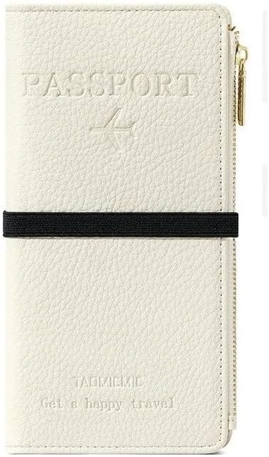 Passport Holder for Travel Women RFID Blocking Leather Passport Wallet Travel Document Organizer Pouch Bag, Slim Passport Cover Case with Zipper Cash Pocket Purse+Card Slots+ID Window, White