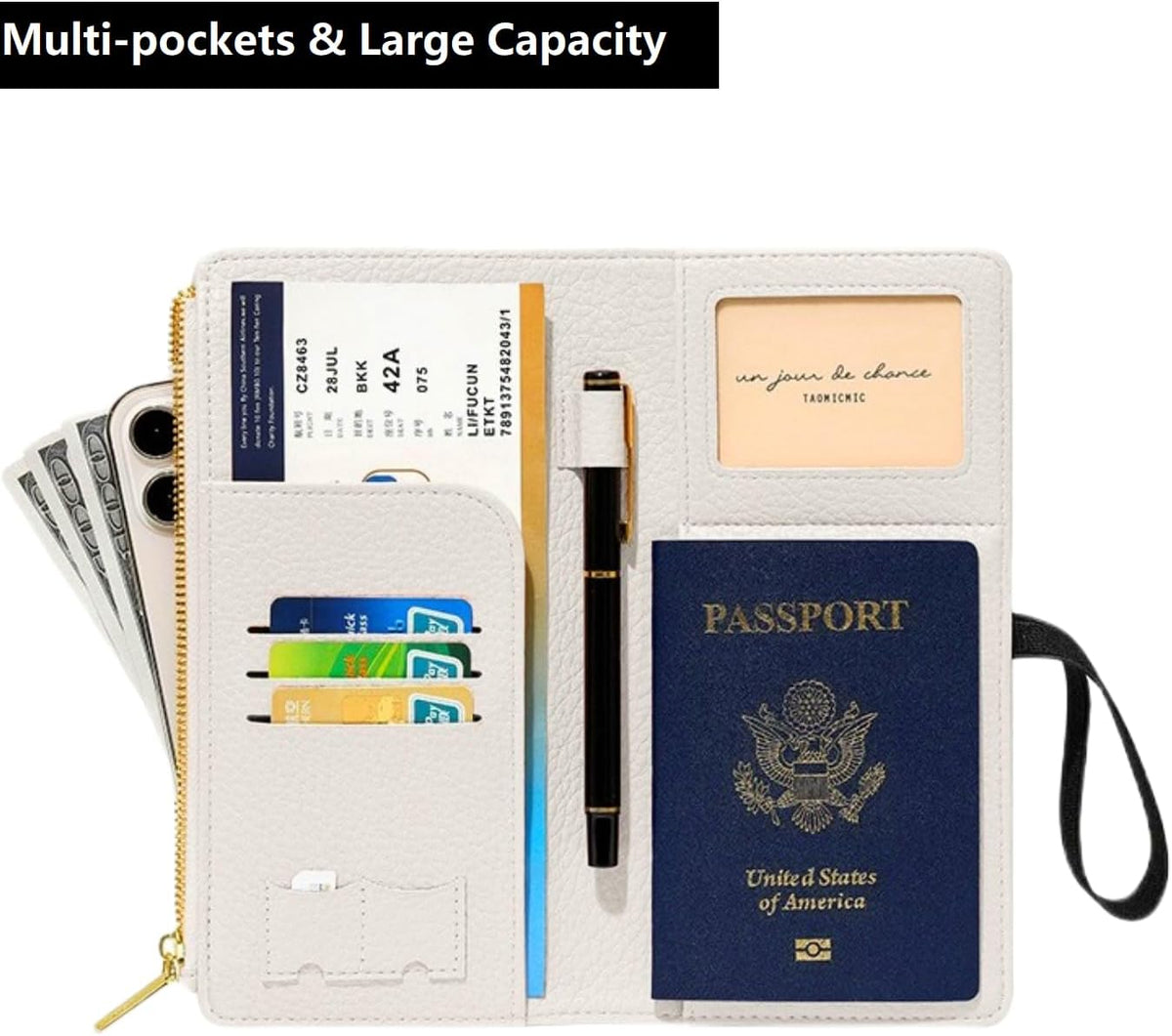 Passport Holder for Travel Women RFID Blocking Leather Passport Wallet Travel Document Organizer Pouch Bag, Slim Passport Cover Case with Zipper Cash Pocket Purse+Card Slots+ID Window, White