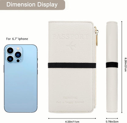 Passport Holder for Travel Women RFID Blocking Leather Passport Wallet Travel Document Organizer Pouch Bag, Slim Passport Cover Case with Zipper Cash Pocket Purse+Card Slots+ID Window, White