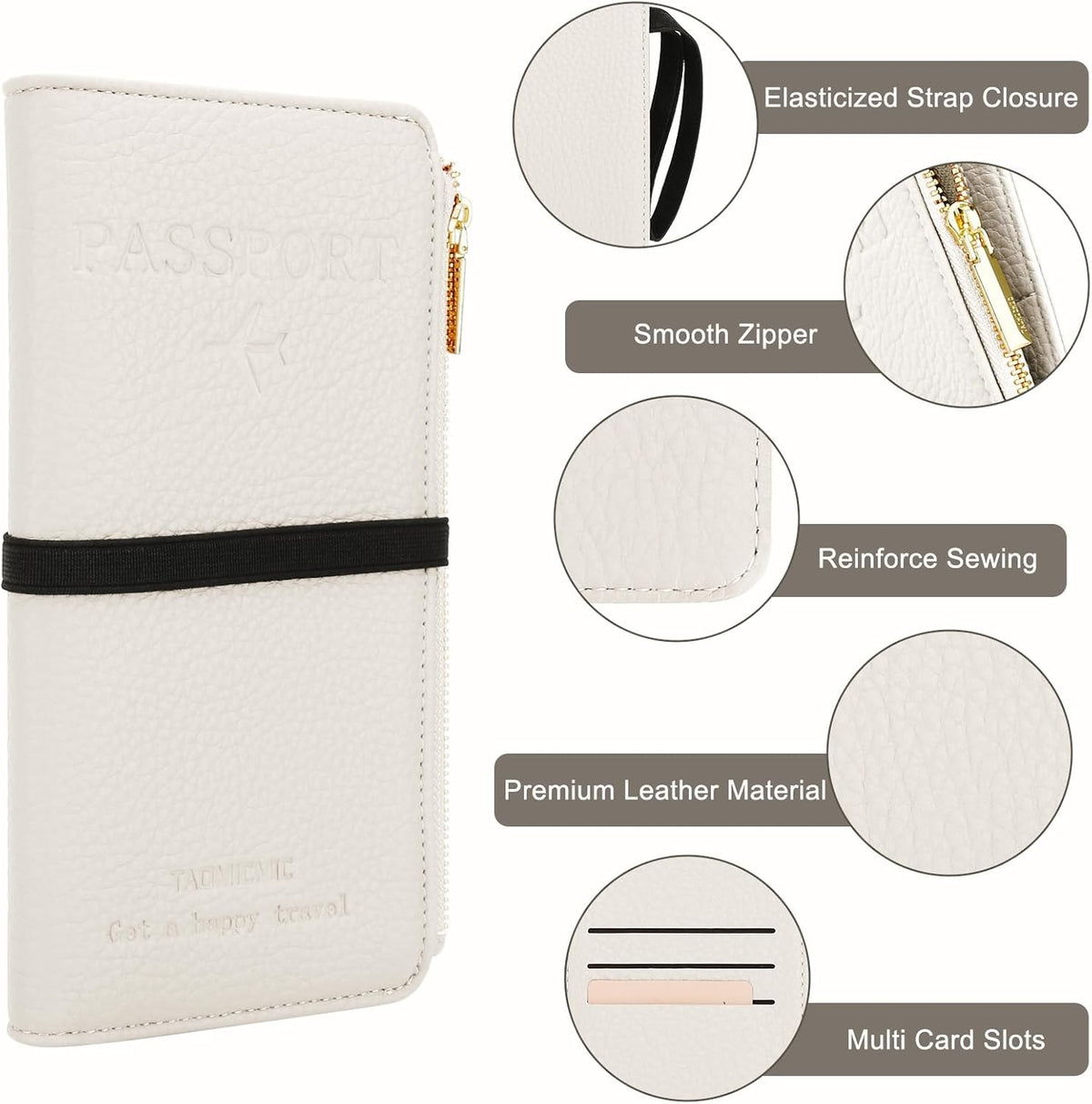 Passport Holder for Travel Women RFID Blocking Leather Passport Wallet Travel Document Organizer Pouch Bag, Slim Passport Cover Case with Zipper Cash Pocket Purse+Card Slots+ID Window, White