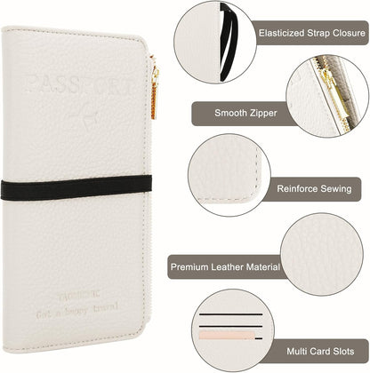 Passport Holder for Travel Women RFID Blocking Leather Passport Wallet Travel Document Organizer Pouch Bag, Slim Passport Cover Case with Zipper Cash Pocket Purse+Card Slots+ID Window, White