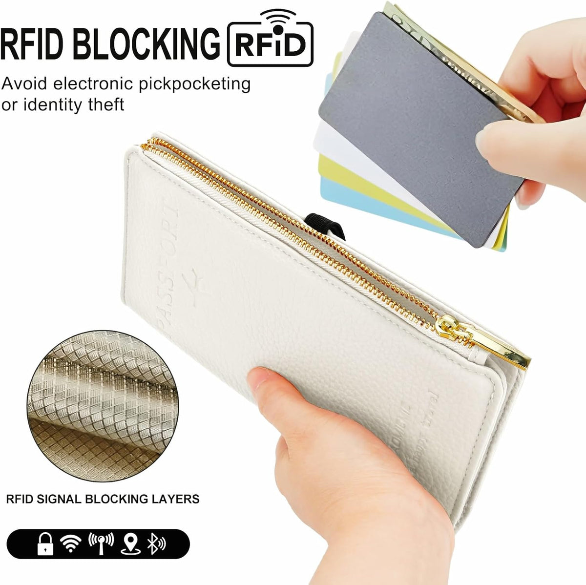 Passport Holder for Travel Women RFID Blocking Leather Passport Wallet Travel Document Organizer Pouch Bag, Slim Passport Cover Case with Zipper Cash Pocket Purse+Card Slots+ID Window, White