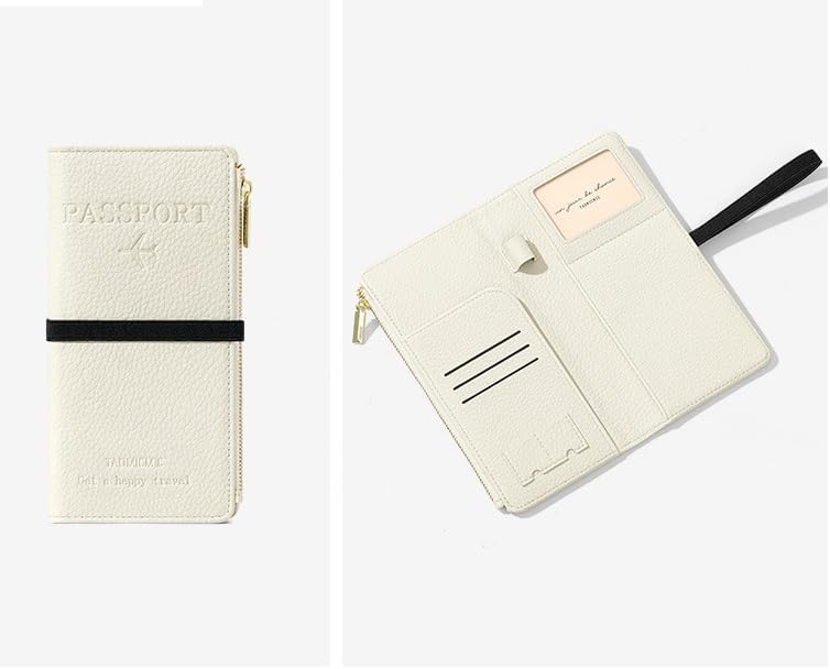 Passport Holder for Travel Women RFID Blocking Leather Passport Wallet Travel Document Organizer Pouch Bag, Slim Passport Cover Case with Zipper Cash Pocket Purse+Card Slots+ID Window, White