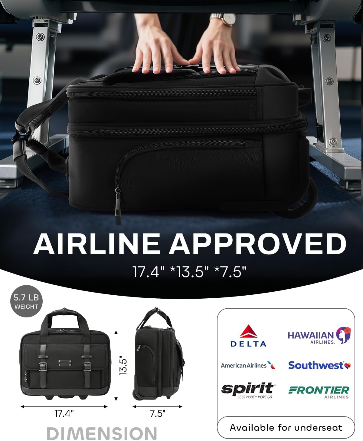 Rolling Laptop Bag, Briefcase for Men and Women, 16 Inch Computer Bag with Wheels Underseat Carry on Luggage, Laptop Briefcase Case for Work, Travel, College Teacher, Mobile Office Bag, Black