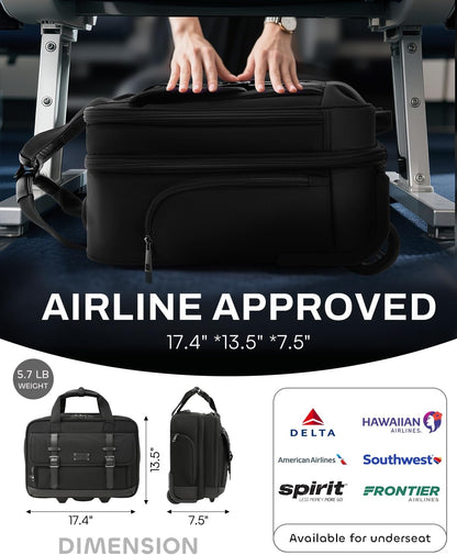 Rolling Laptop Bag, Briefcase for Men and Women, 16 Inch Computer Bag with Wheels Underseat Carry on Luggage, Laptop Briefcase Case for Work, Travel, College Teacher, Mobile Office Bag, Black