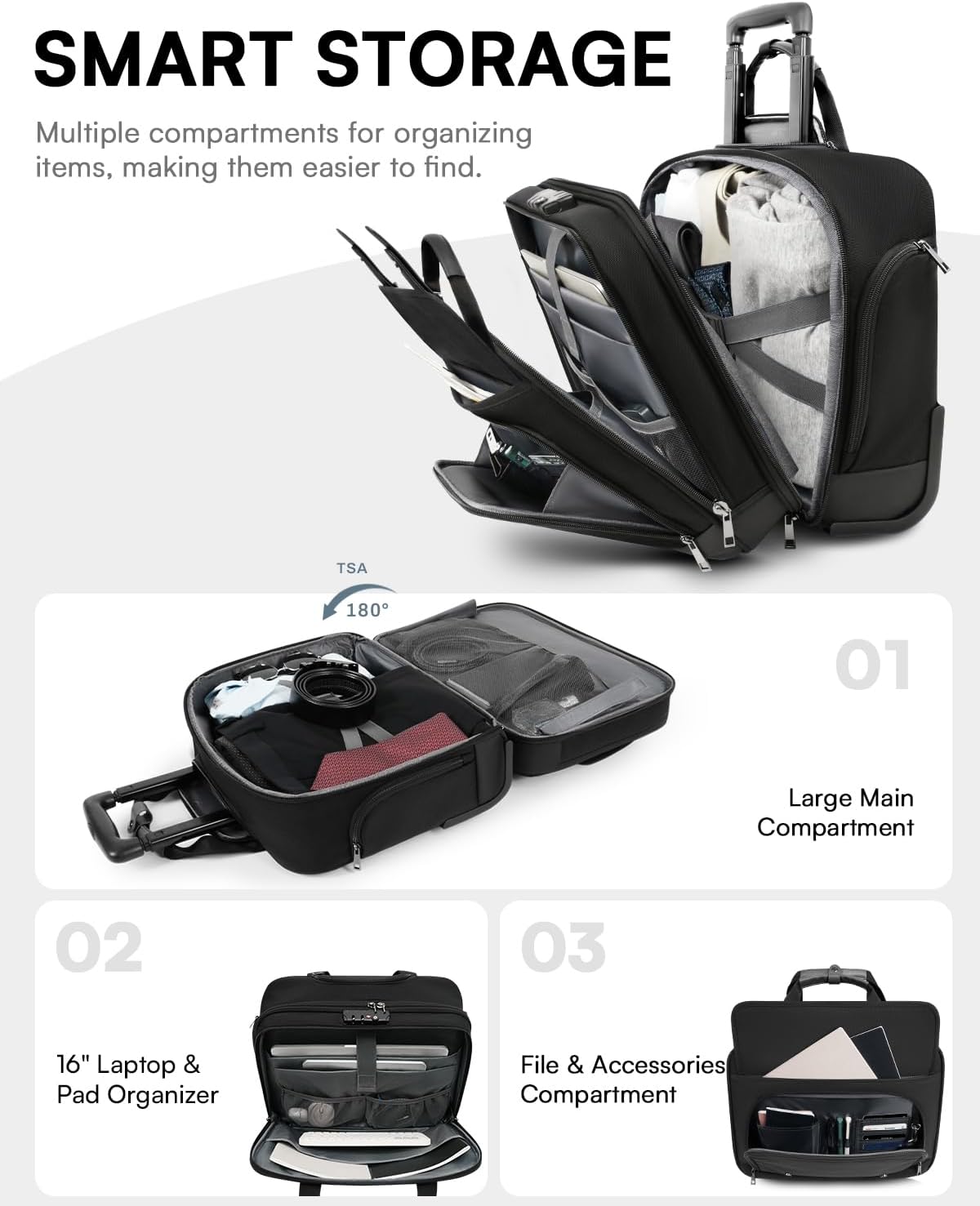 Rolling Laptop Bag, Briefcase for Men and Women, 16 Inch Computer Bag with Wheels Underseat Carry on Luggage, Laptop Briefcase Case for Work, Travel, College Teacher, Mobile Office Bag, Black