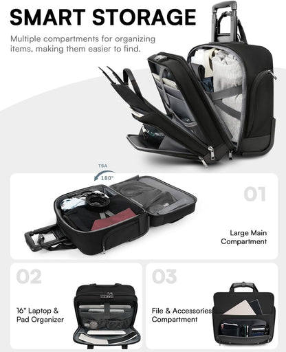 Rolling Laptop Bag, Briefcase for Men and Women, 16 Inch Computer Bag with Wheels Underseat Carry on Luggage, Laptop Briefcase Case for Work, Travel, College Teacher, Mobile Office Bag, Black