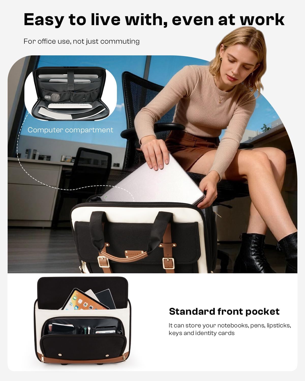Rolling Laptop Bag, Briefcase for Men and Women, 16 Inch Computer Bag with Wheels Underseat Carry on Luggage, Laptop Briefcase Case for Work, Travel, College Teacher, Mobile Office Bag, Black