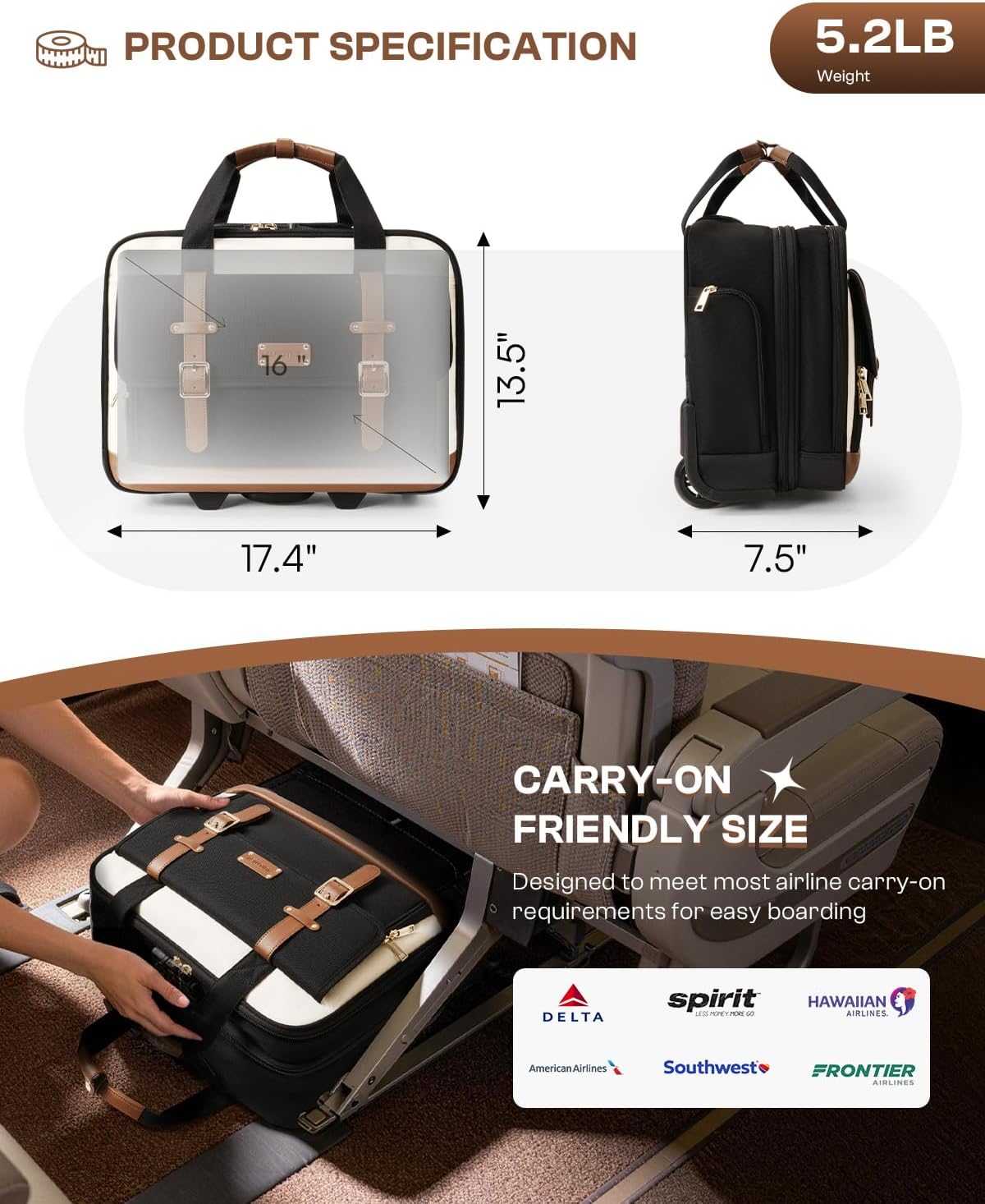 Rolling Laptop Bag, Briefcase for Men and Women, 16 Inch Computer Bag with Wheels Underseat Carry on Luggage, Laptop Briefcase Case for Work, Travel, College Teacher, Mobile Office Bag, Black