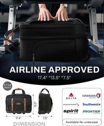 Rolling Laptop Bag, Briefcase for Men and Women, 16 Inch Computer Bag with Wheels Underseat Carry on Luggage, Laptop Briefcase Case for Work, Travel, College Teacher, Mobile Office Bag, Black