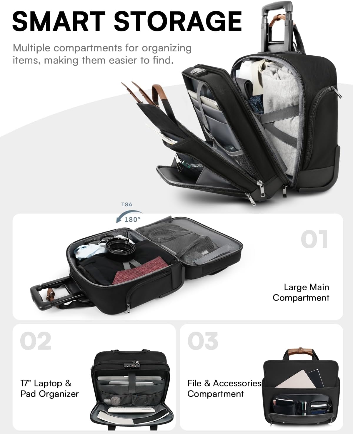Rolling Laptop Bag, Briefcase for Men and Women, 16 Inch Computer Bag with Wheels Underseat Carry on Luggage, Laptop Briefcase Case for Work, Travel, College Teacher, Mobile Office Bag, Black