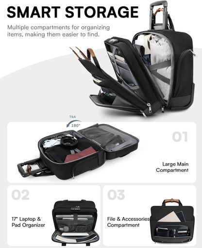 Rolling Laptop Bag, Briefcase for Men and Women, 16 Inch Computer Bag with Wheels Underseat Carry on Luggage, Laptop Briefcase Case for Work, Travel, College Teacher, Mobile Office Bag, Black