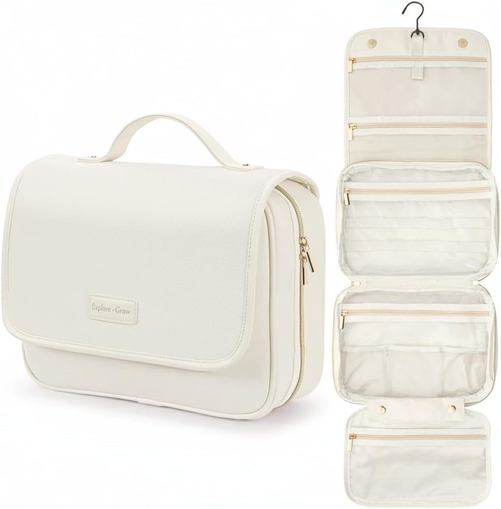 Hanging Travel Toiletry Bag for Women - Fabric Travel Makeup Organizer with Detachable Makeup Bag and 4 Smart Large Compartments, for Full-Sized Toiletries, Off White (M)