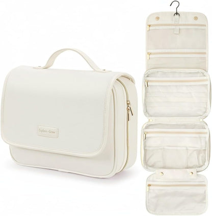 Hanging Travel Toiletry Bag for Women - Fabric Travel Makeup Organizer with Detachable Makeup Bag and 4 Smart Large Compartments, for Full-Sized Toiletries, Off White (M)
