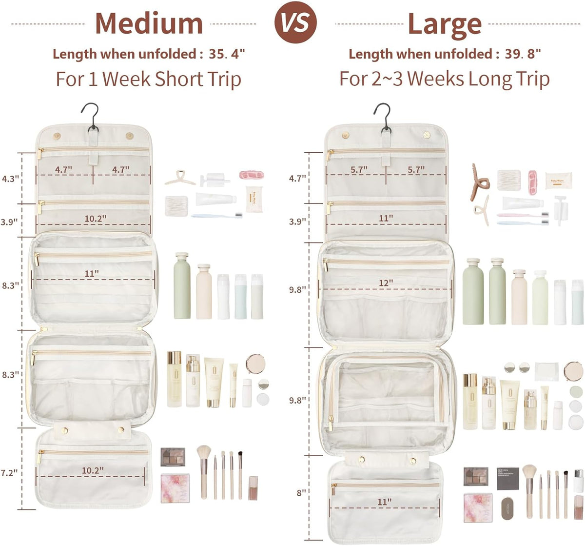 Hanging Travel Toiletry Bag for Women - Fabric Travel Makeup Organizer with Detachable Makeup Bag and 4 Smart Large Compartments, for Full-Sized Toiletries, Off White (M)