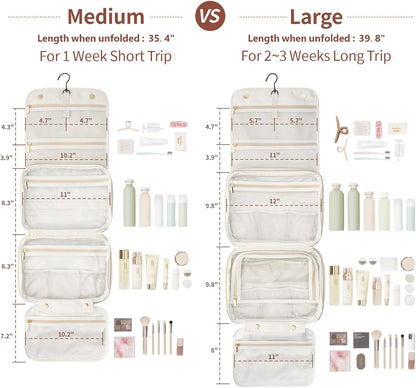 Hanging Travel Toiletry Bag for Women - Fabric Travel Makeup Organizer with Detachable Makeup Bag and 4 Smart Large Compartments, for Full-Sized Toiletries, Off White (M)