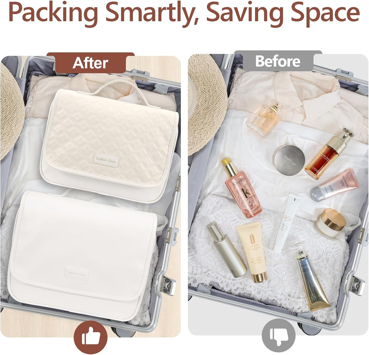 Hanging Travel Toiletry Bag for Women - Fabric Travel Makeup Organizer with Detachable Makeup Bag and 4 Smart Large Compartments, for Full-Sized Toiletries, Off White (M)