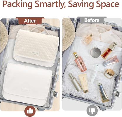 Hanging Travel Toiletry Bag for Women - Fabric Travel Makeup Organizer with Detachable Makeup Bag and 4 Smart Large Compartments, for Full-Sized Toiletries, Off White (M)