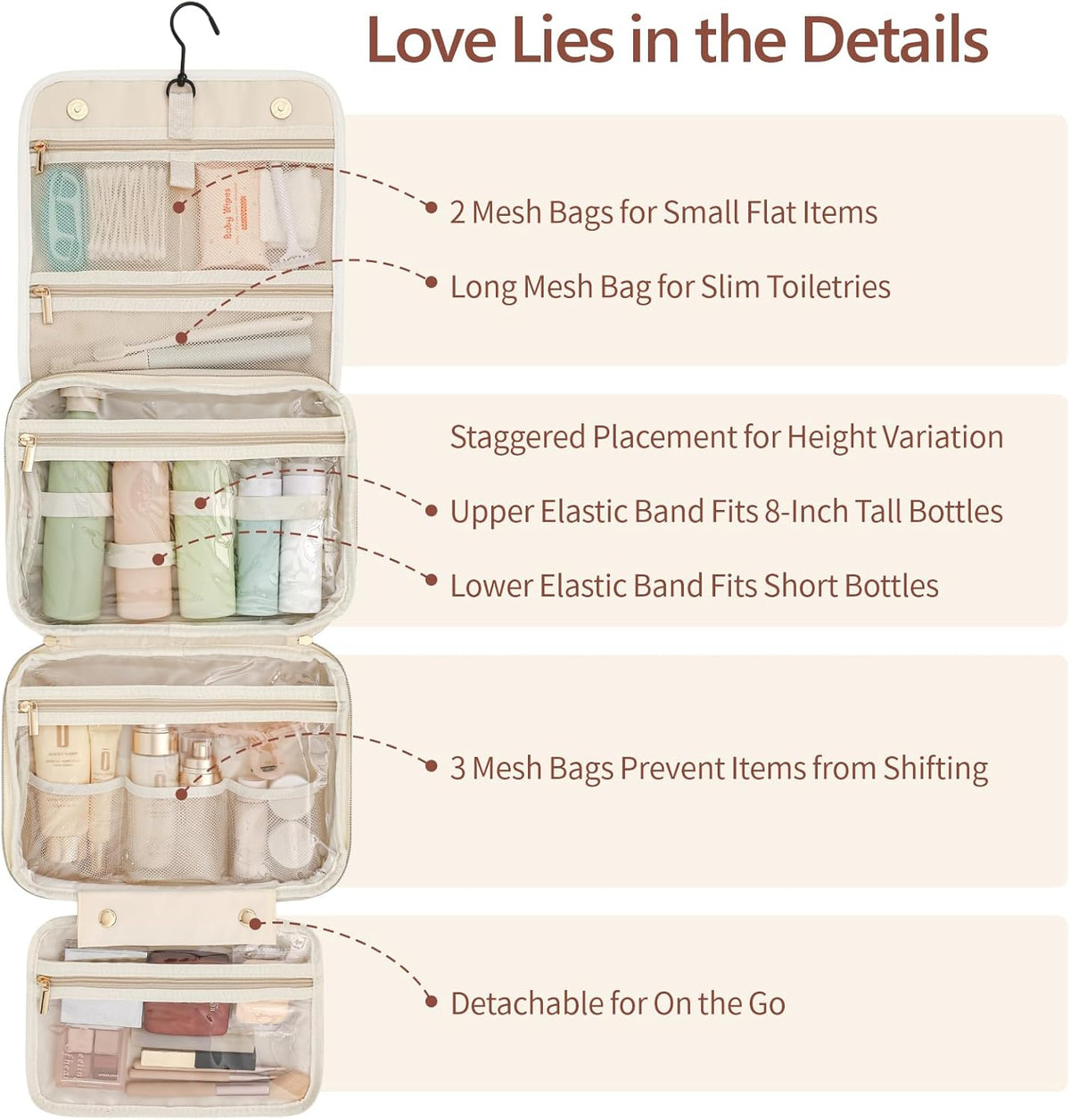 Hanging Travel Toiletry Bag for Women - Fabric Travel Makeup Organizer with Detachable Makeup Bag and 4 Smart Large Compartments, for Full-Sized Toiletries, Off White (M)