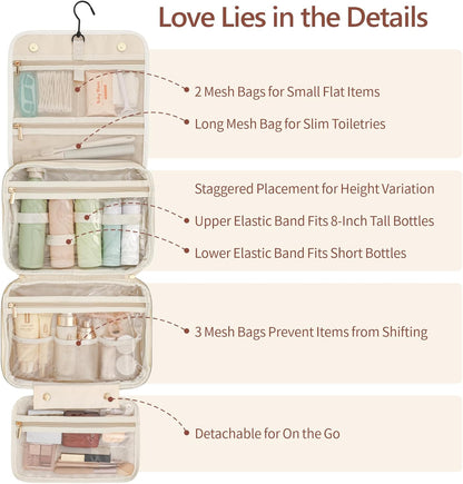 Hanging Travel Toiletry Bag for Women - Fabric Travel Makeup Organizer with Detachable Makeup Bag and 4 Smart Large Compartments, for Full-Sized Toiletries, Off White (M)