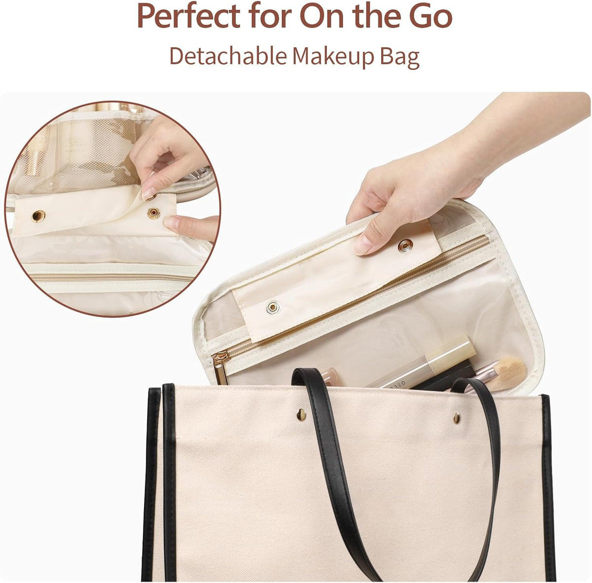 Hanging Travel Toiletry Bag for Women - Fabric Travel Makeup Organizer with Detachable Makeup Bag and 4 Smart Large Compartments, for Full-Sized Toiletries, Off White (M)