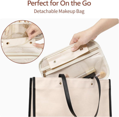 Hanging Travel Toiletry Bag for Women - Fabric Travel Makeup Organizer with Detachable Makeup Bag and 4 Smart Large Compartments, for Full-Sized Toiletries, Off White (M)