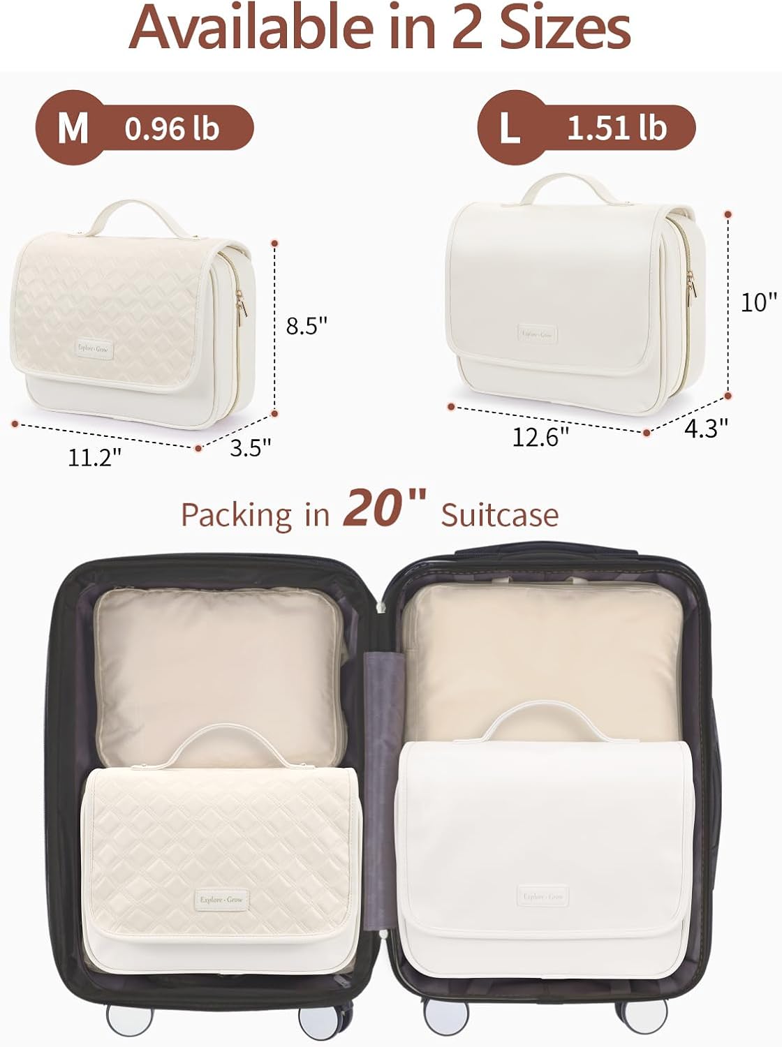 Hanging Travel Toiletry Bag for Women - Fabric Travel Makeup Organizer with Detachable Makeup Bag and 4 Smart Large Compartments, for Full-Sized Toiletries, Off White (M)