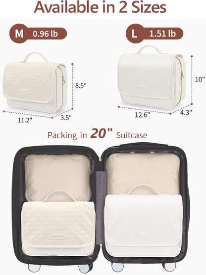 Hanging Travel Toiletry Bag for Women - Fabric Travel Makeup Organizer with Detachable Makeup Bag and 4 Smart Large Compartments, for Full-Sized Toiletries, Off White (M)