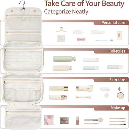 Hanging Travel Toiletry Bag for Women - Fabric Travel Makeup Organizer with Detachable Makeup Bag and 4 Smart Large Compartments, for Full-Sized Toiletries, Off White (M)